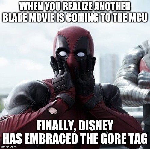 Deadpool Surprised | WHEN YOU REALIZE ANOTHER BLADE MOVIE IS COMING TO THE MCU; FINALLY, DISNEY HAS EMBRACED THE GORE TAG | image tagged in memes,deadpool surprised | made w/ Imgflip meme maker