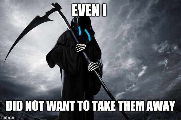 Death | EVEN I DID NOT WANT TO TAKE THEM AWAY | image tagged in death | made w/ Imgflip meme maker