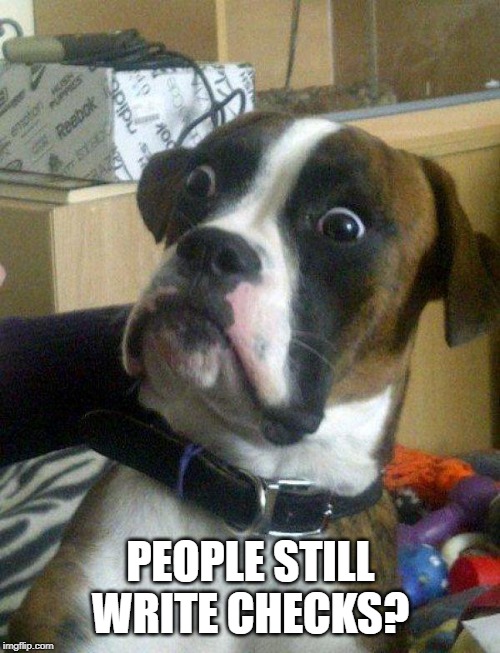 Blankie the Shocked Dog | PEOPLE STILL WRITE CHECKS? | image tagged in blankie the shocked dog | made w/ Imgflip meme maker