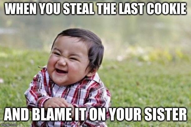 Evil Toddler Meme | WHEN YOU STEAL THE LAST COOKIE; AND BLAME IT ON YOUR SISTER | image tagged in memes,evil toddler | made w/ Imgflip meme maker