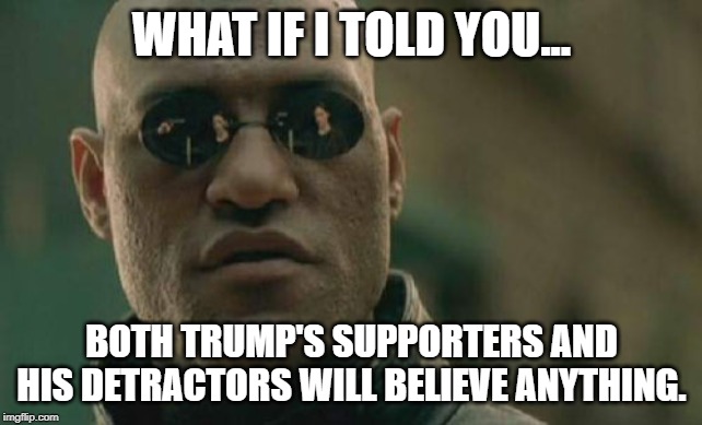 Matrix Morpheus | WHAT IF I TOLD YOU... BOTH TRUMP'S SUPPORTERS AND HIS DETRACTORS WILL BELIEVE ANYTHING. | image tagged in memes,matrix morpheus | made w/ Imgflip meme maker