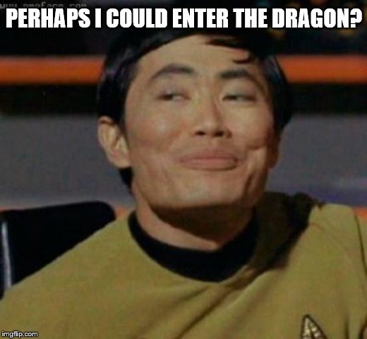 sulu | PERHAPS I COULD ENTER THE DRAGON? | image tagged in sulu | made w/ Imgflip meme maker