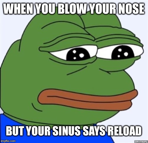 sad frog |  WHEN YOU BLOW YOUR NOSE; BUT YOUR SINUS SAYS RELOAD | image tagged in sad frog | made w/ Imgflip meme maker