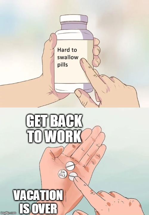 Hard To Swallow Pills | GET BACK TO WORK; VACATION IS OVER | image tagged in memes,hard to swallow pills | made w/ Imgflip meme maker