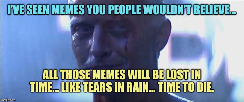 R.I.P. Roy...  1944-2019 | I’VE SEEN MEMES YOU PEOPLE WOULDN’T BELIEVE... ALL THOSE MEMES WILL BE LOST IN TIME... LIKE TEARS IN RAIN... TIME TO DIE. | image tagged in rutger hauer i've seen things,memes | made w/ Imgflip meme maker