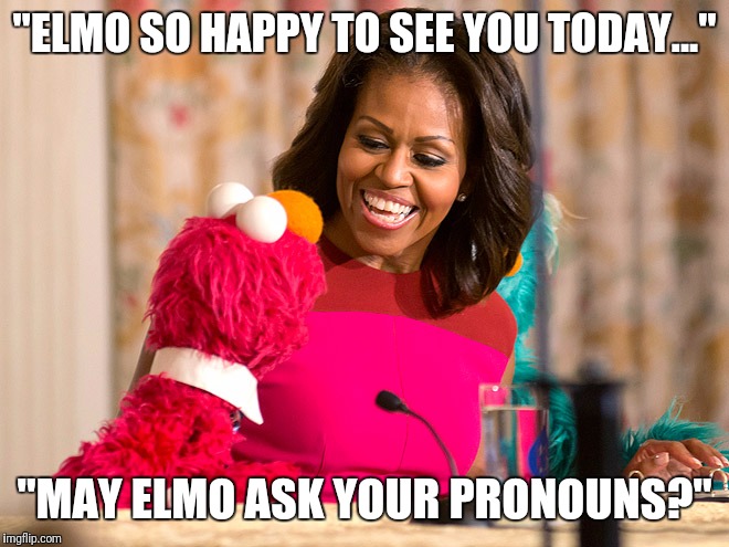 Elmo not so sure about this one... | "ELMO SO HAPPY TO SEE YOU TODAY..."; "MAY ELMO ASK YOUR PRONOUNS?" | image tagged in michelle obama,elmo,transgender,confused | made w/ Imgflip meme maker