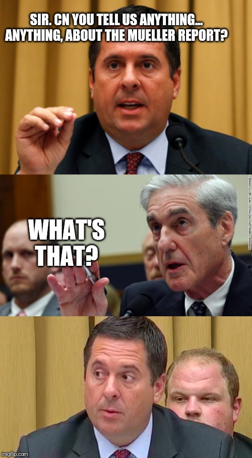 SIR. CN YOU TELL US ANYTHING... ANYTHING, ABOUT THE MUELLER REPORT? WHAT'S THAT? | image tagged in devin nunes,mueller,political meme,politics | made w/ Imgflip meme maker