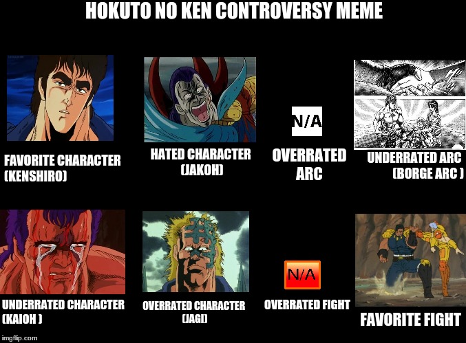 hokuto no ken controversy | HOKUTO NO KEN CONTROVERSY MEME; OVERRATED ARC; HATED CHARACTER 
(JAKOH); UNDERRATED ARC 
(BORGE ARC ); FAVORITE CHARACTER 
(KENSHIRO); OVERRATED FIGHT; UNDERRATED CHARACTER 
(KAIOH ); OVERRATED CHARACTER 
(JAGI); FAVORITE FIGHT | image tagged in blank black,fist of the north star | made w/ Imgflip meme maker