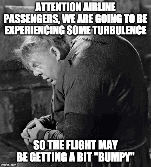 Lovely lady lumps. |  ATTENTION AIRLINE PASSENGERS, WE ARE GOING TO BE EXPERIENCING SOME TURBULENCE; SO THE FLIGHT MAY BE GETTING A BIT "BUMPY" | image tagged in hunchback of notre dame | made w/ Imgflip meme maker