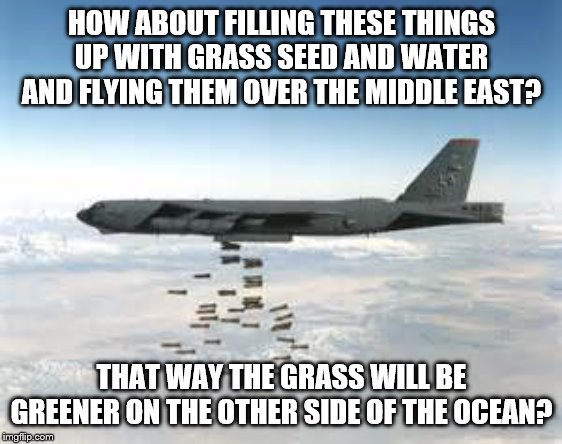 The Earth Needs Help And Will Thank You. | HOW ABOUT FILLING THESE THINGS UP WITH GRASS SEED AND WATER AND FLYING THEM OVER THE MIDDLE EAST? THAT WAY THE GRASS WILL BE GREENER ON THE OTHER SIDE OF THE OCEAN? | image tagged in bomber b-52,we will rebuild,grass,earth,bomb | made w/ Imgflip meme maker
