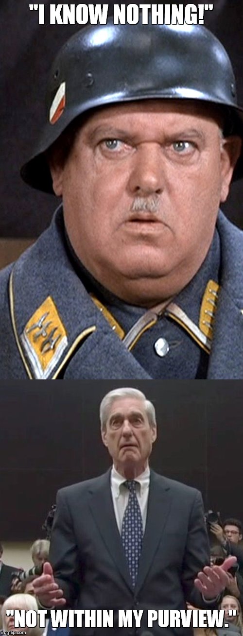 Same Excuse, Different War | "I KNOW NOTHING!"; "NOT WITHIN MY PURVIEW." | image tagged in robert mueller,russia hoax | made w/ Imgflip meme maker