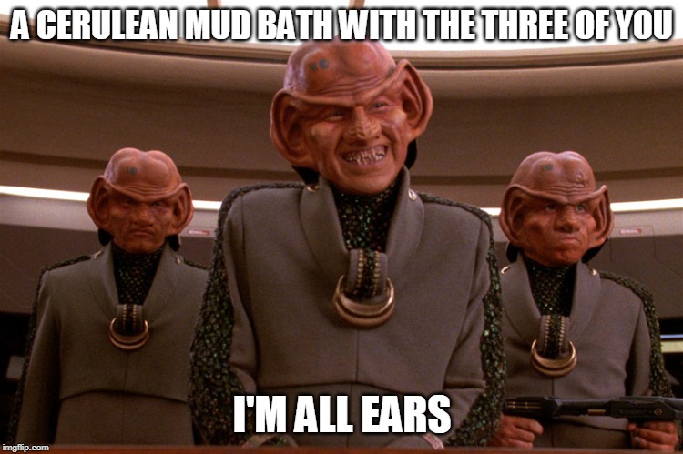 Ferengi Star Trek | A CERULEAN MUD BATH WITH THE THREE OF YOU; I'M ALL EARS | image tagged in ferengi star trek | made w/ Imgflip meme maker