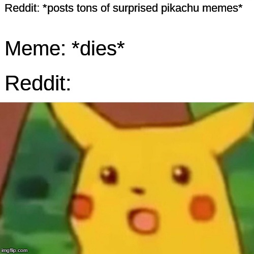 You are special for nothing else, Reddit... *repost only works, no more fun submissions* | Reddit: *posts tons of surprised pikachu memes*; Meme: *dies*; Reddit: | image tagged in memes,surprised pikachu,reddit | made w/ Imgflip meme maker