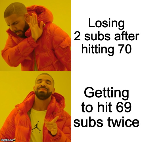 Drake Hotline Bling | Losing 2 subs after hitting 70; Getting to hit 69 subs twice | image tagged in memes,drake hotline bling | made w/ Imgflip meme maker