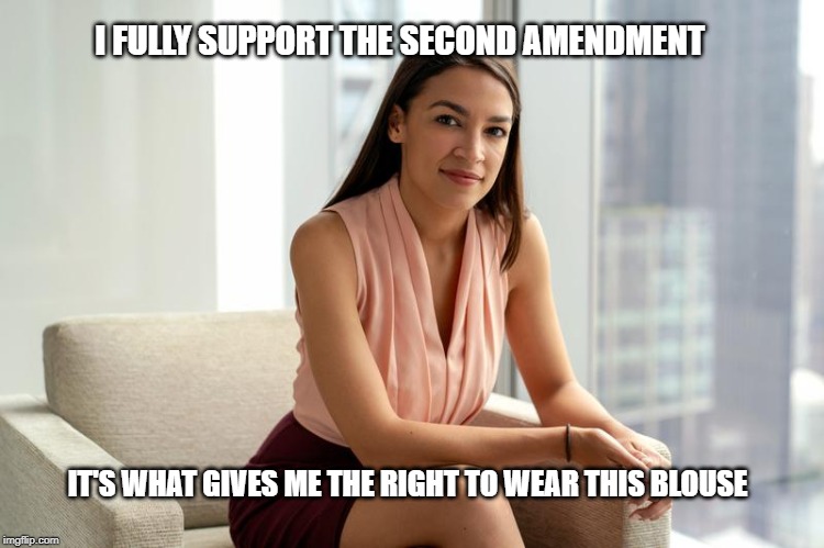 aoc & 2nd amendment | I FULLY SUPPORT THE SECOND AMENDMENT; IT'S WHAT GIVES ME THE RIGHT TO WEAR THIS BLOUSE | image tagged in politics,aoc,alexandria ocasio-cortez,second amendment,election 2020 | made w/ Imgflip meme maker