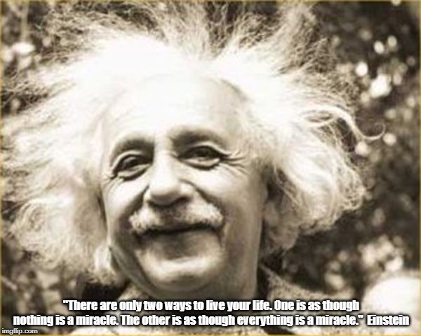 "There are only two ways to live your life. One is as though nothing is a miracle. The other is as though everything is a miracle."  Einstei | made w/ Imgflip meme maker