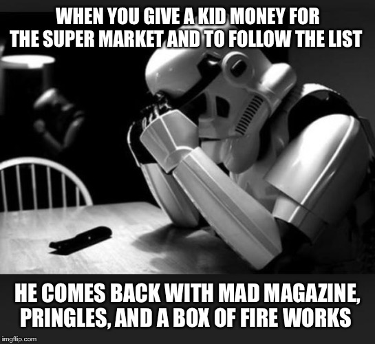 Regret |  WHEN YOU GIVE A KID MONEY FOR THE SUPER MARKET AND TO FOLLOW THE LIST; HE COMES BACK WITH MAD MAGAZINE, PRINGLES, AND A BOX OF FIRE WORKS | image tagged in regret | made w/ Imgflip meme maker