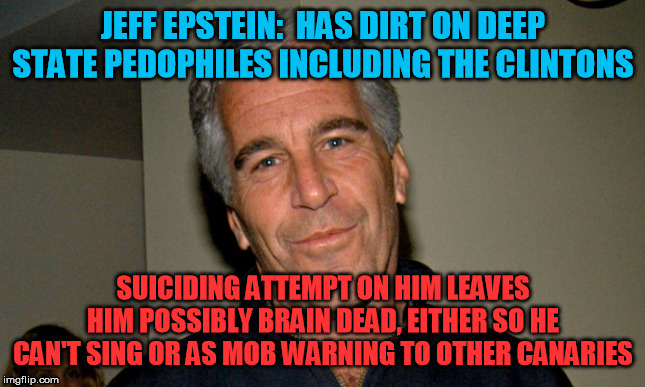 It's not like they've never tried to snuff other witness every time or anything | JEFF EPSTEIN:  HAS DIRT ON DEEP STATE PEDOPHILES INCLUDING THE CLINTONS; SUICIDING ATTEMPT ON HIM LEAVES HIM POSSIBLY BRAIN DEAD, EITHER SO HE CAN'T SING OR AS MOB WARNING TO OTHER CANARIES | image tagged in jeffrey epstein,clintons,deep state,pedophiles | made w/ Imgflip meme maker