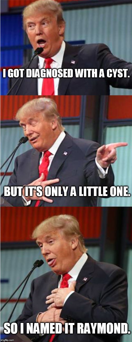 Trump's little ray cyst. | I GOT DIAGNOSED WITH A CYST. BUT IT'S ONLY A LITTLE ONE. SO I NAMED IT RAYMOND. | image tagged in bad pun trump | made w/ Imgflip meme maker