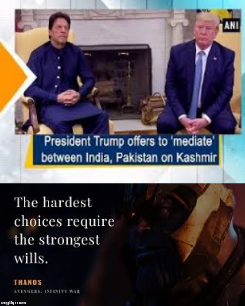 Trump offers to mediate | image tagged in donald trump,india,thanos,avengers infinity war | made w/ Imgflip meme maker