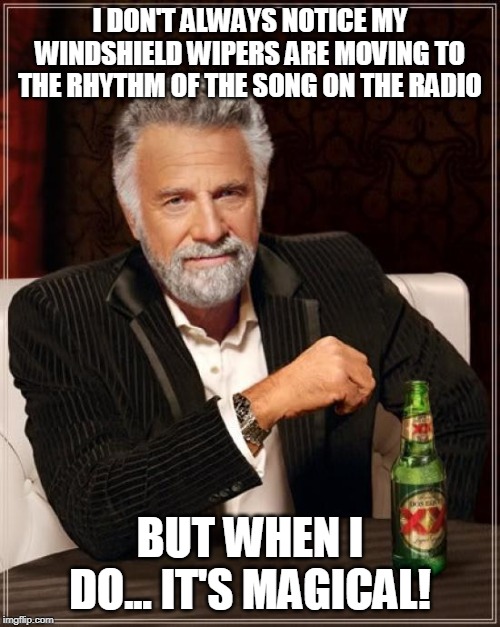 The Most Interesting Man In The World Meme | I DON'T ALWAYS NOTICE MY WINDSHIELD WIPERS ARE MOVING TO THE RHYTHM OF THE SONG ON THE RADIO; BUT WHEN I DO... IT'S MAGICAL! | image tagged in memes,the most interesting man in the world | made w/ Imgflip meme maker