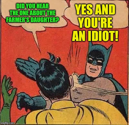 Batman Slapping Robin | YES AND YOU'RE AN IDIOT! DID YOU HEAR THE ONE ABOUT THE FARMER'S DAUGHTER? | image tagged in memes,batman slapping robin | made w/ Imgflip meme maker