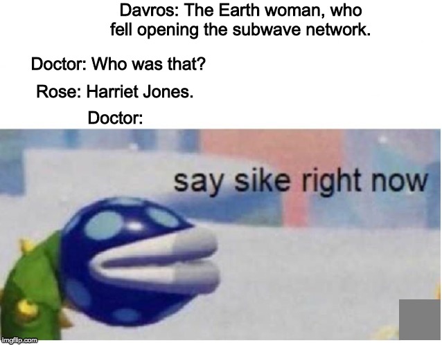say sike right now | Davros: The Earth woman, who fell opening the subwave network. Doctor: Who was that? Rose: Harriet Jones. Doctor: | image tagged in say sike right now | made w/ Imgflip meme maker