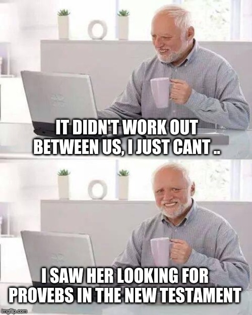 Hide the Pain Harold Meme |  IT DIDN'T WORK OUT BETWEEN US, I JUST CANT .. I SAW HER LOOKING FOR PROVEBS IN THE NEW TESTAMENT | image tagged in memes,hide the pain harold,bible,dumb,relationships,relationship goals | made w/ Imgflip meme maker