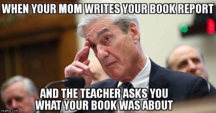 Political Farce | WHEN YOUR MOM WRITES YOUR BOOK REPORT AND THE TEACHER ASKS YOU WHAT YOUR BOOK WAS ABOUT | image tagged in memes,robert mueller,congress,hearing | made w/ Imgflip meme maker
