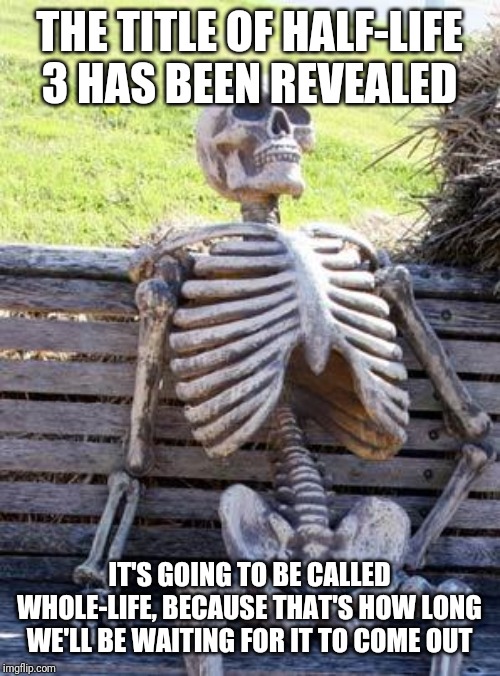 Waiting Skeleton | THE TITLE OF HALF-LIFE 3 HAS BEEN REVEALED; IT'S GOING TO BE CALLED WHOLE-LIFE, BECAUSE THAT'S HOW LONG WE'LL BE WAITING FOR IT TO COME OUT | image tagged in memes,waiting skeleton | made w/ Imgflip meme maker