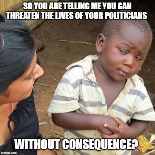 Third World Skeptical Kid Meme | SO YOU ARE TELLING ME YOU CAN THREATEN THE LIVES OF YOUR POLITICIANS WITHOUT CONSEQUENCE? | image tagged in memes,third world skeptical kid | made w/ Imgflip meme maker