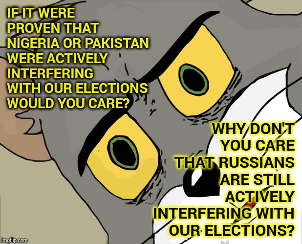 If It Was Right Why Did We Have World Wars? | WHY DON'T YOU CARE THAT RUSSIANS ARE STILL ACTIVELY INTERFERING WITH OUR ELECTIONS? IF IT WERE PROVEN THAT NIGERIA OR PAKISTAN WERE ACTIVELY INTERFERING WITH OUR ELECTIONS WOULD YOU CARE? | image tagged in memes,unsettled tom,russian bots,russian investigation,trolls,russian roulette | made w/ Imgflip meme maker
