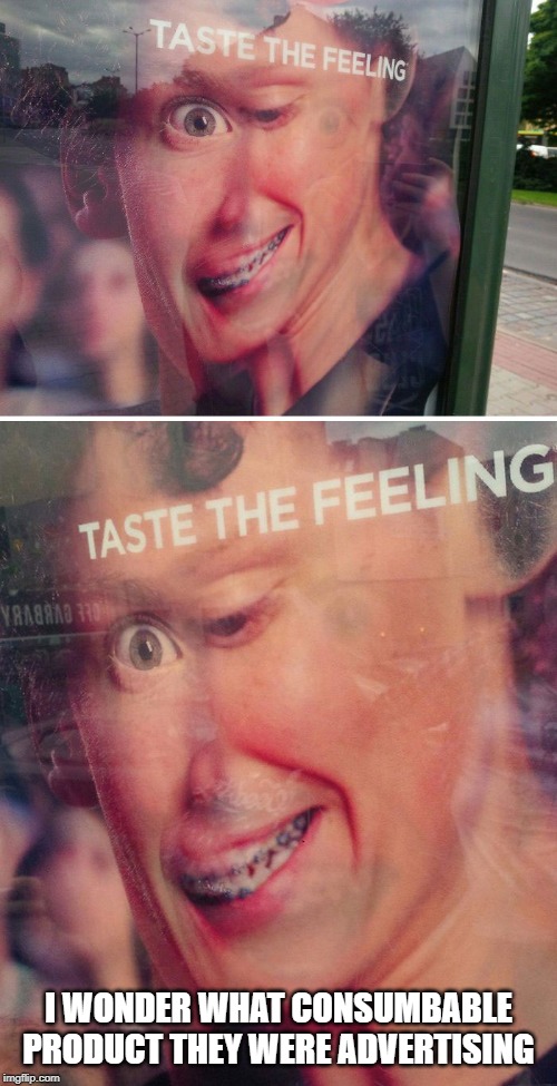 I WONDER WHAT CONSUMBABLE PRODUCT THEY WERE ADVERTISING | image tagged in memes,funny,taste,feeling,derp,creepy | made w/ Imgflip meme maker