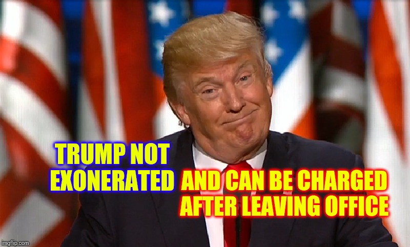 Guess Who's Busy With His New Declaration | TRUMP NOT EXONERATED; AND CAN BE CHARGED AFTER LEAVING OFFICE | image tagged in trump asshole face,trump unfit unqualified dangerous,lock him up,liar in chief,obstruction of justice,memes | made w/ Imgflip meme maker
