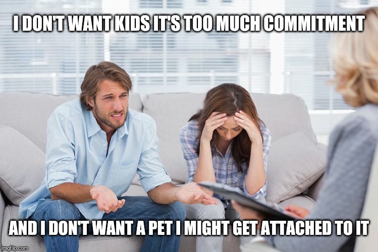 couples therapy | I DON'T WANT KIDS IT'S TOO MUCH COMMITMENT; AND I DON'T WANT A PET I MIGHT GET ATTACHED TO IT | image tagged in couples therapy | made w/ Imgflip meme maker