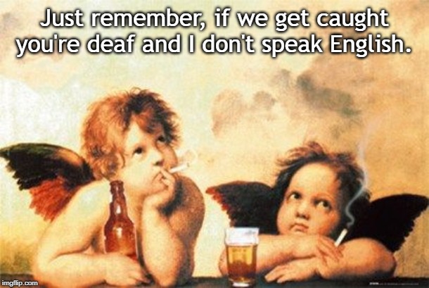 Fallen Cherubs | Just remember, if we get caught you're deaf and I don't speak English. | image tagged in friends,funny | made w/ Imgflip meme maker