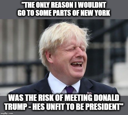 At least Boris is not a total incompetent. | "THE ONLY REASON I WOULDNT GO TO SOME PARTS OF NEW YORK; WAS THE RISK OF MEETING DONALD TRUMP - HES UNFIT TO BE PRESIDENT" | image tagged in boris johnson,memes,politics,impeach trump,trump unfit unqualified dangerous,maga | made w/ Imgflip meme maker