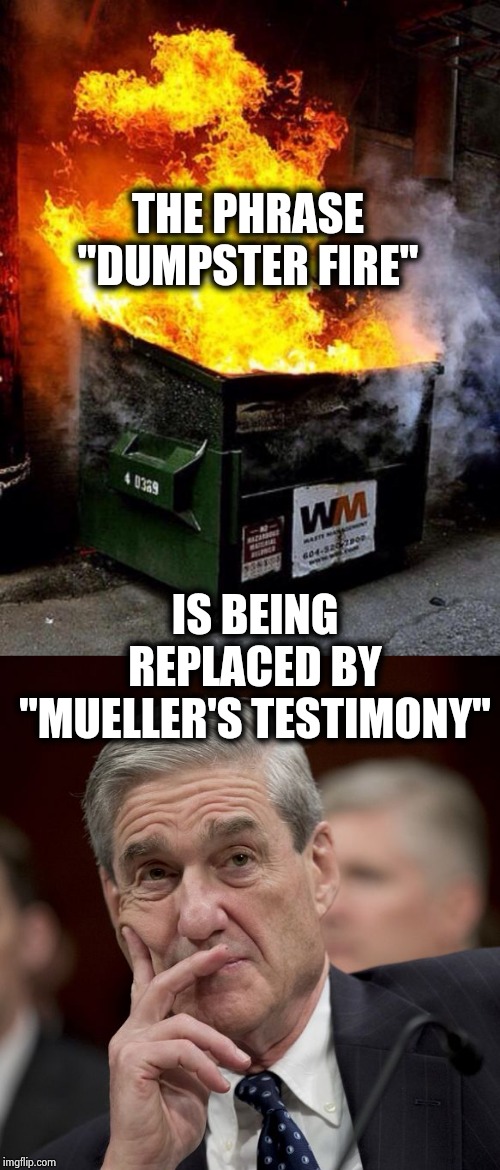 . . . and they're going to continue to embarrass themselves | THE PHRASE "DUMPSTER FIRE" IS BEING REPLACED BY "MUELLER'S TESTIMONY" | image tagged in dumpster fire,special council robert mueller,politicians suck,partners in crime,yall got any more of,investigation | made w/ Imgflip meme maker