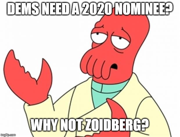 Why not Zoidberg | DEMS NEED A 2020 NOMINEE? WHY NOT ZOIDBERG? | image tagged in why not zoidberg | made w/ Imgflip meme maker