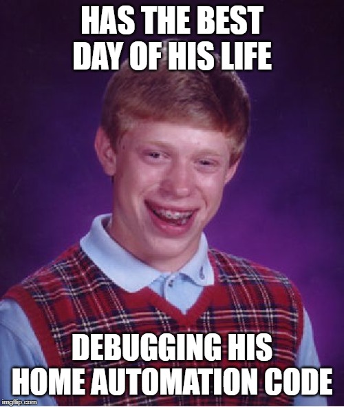 It would be cool if it weren't his BEST day | HAS THE BEST DAY OF HIS LIFE; DEBUGGING HIS HOME AUTOMATION CODE | image tagged in memes,bad luck brian,best day,debugging,home automation | made w/ Imgflip meme maker