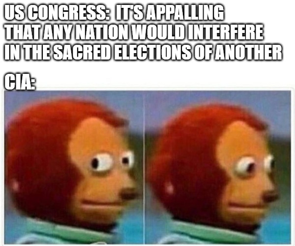 Monkey Puppet | US CONGRESS:  IT'S APPALLING THAT ANY NATION WOULD INTERFERE IN THE SACRED ELECTIONS OF ANOTHER; CIA: | image tagged in monkey puppet,elections,congress | made w/ Imgflip meme maker