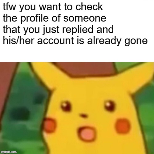 Surprised Pikachu Meme | tfw you want to check the profile of someone that you just replied and his/her account is already gone | image tagged in memes,surprised pikachu | made w/ Imgflip meme maker