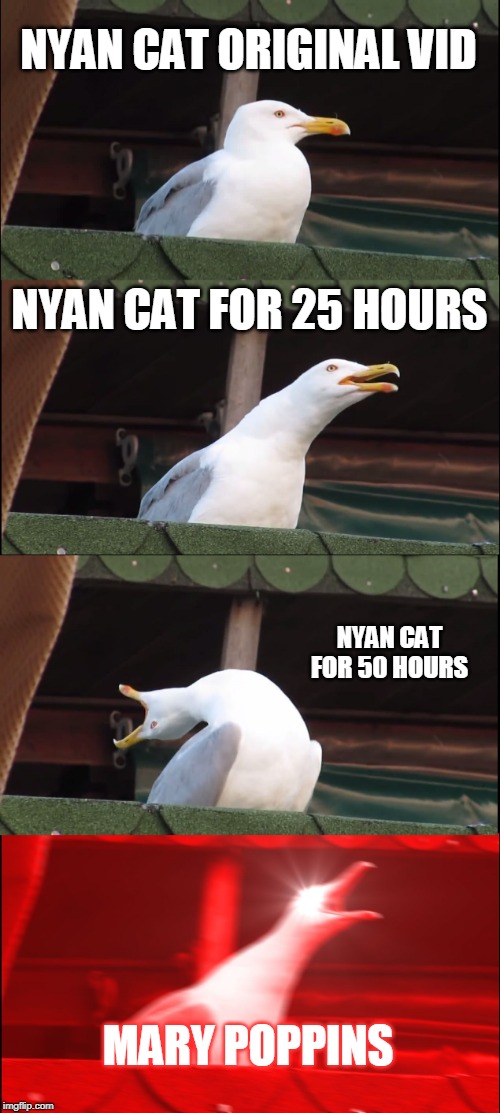 Inhaling Seagull Meme | NYAN CAT ORIGINAL VID; NYAN CAT FOR 25 HOURS; NYAN CAT FOR 50 HOURS; MARY POPPINS | image tagged in memes,inhaling seagull | made w/ Imgflip meme maker