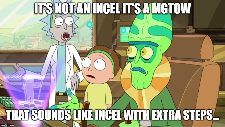 rick and morty-extra steps | IT'S NOT AN INCEL IT'S A MGTOW; THAT SOUNDS LIKE INCEL WITH EXTRA STEPS... | image tagged in rick and morty-extra steps | made w/ Imgflip meme maker