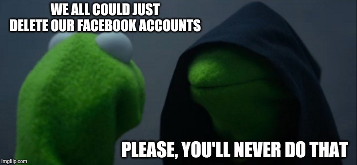 Evil Kermit Meme | WE ALL COULD JUST DELETE OUR FACEBOOK ACCOUNTS PLEASE, YOU'LL NEVER DO THAT | image tagged in memes,evil kermit | made w/ Imgflip meme maker