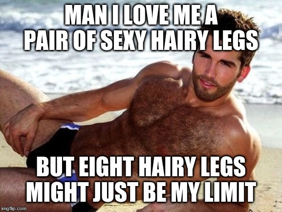 Sexy hairy man | MAN I LOVE ME A PAIR OF SEXY HAIRY LEGS BUT EIGHT HAIRY LEGS MIGHT JUST BE MY LIMIT | image tagged in sexy hairy man | made w/ Imgflip meme maker