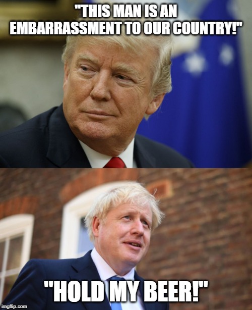 And You Thought Things Were Bad HERE! | "THIS MAN IS AN EMBARRASSMENT TO OUR COUNTRY!"; "HOLD MY BEER!" | image tagged in donald trump,boris johnson | made w/ Imgflip meme maker