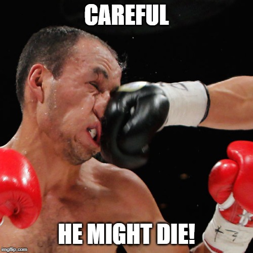 Boxers be Droppin Like Flies Lately | CAREFUL; HE MIGHT DIE! | image tagged in boxer getting punched in the face | made w/ Imgflip meme maker