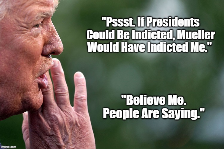 "Pssst. If Presidents Could Be Indicted, Mueller Would Have Indicted Me." "Believe Me. People Are Saying." | made w/ Imgflip meme maker