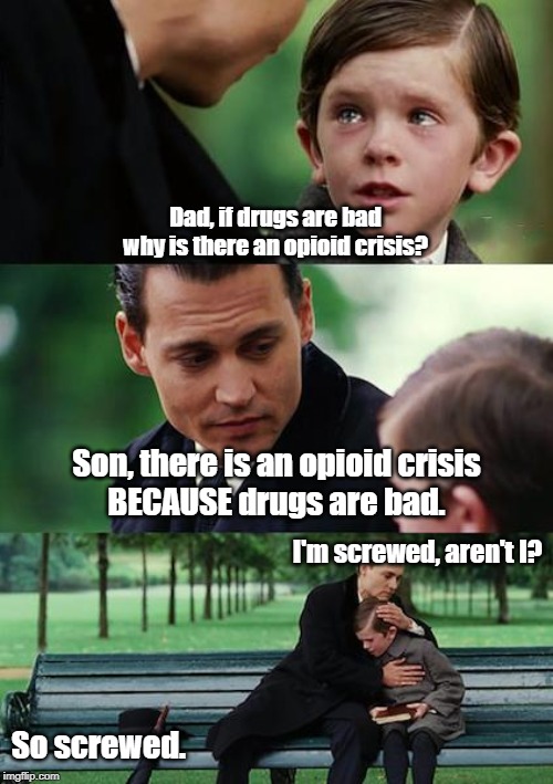 Finding Neverland | Dad, if drugs are bad
why is there an opioid crisis? Son, there is an opioid crisis
BECAUSE drugs are bad. I'm screwed, aren't I? So screwed. | image tagged in memes,finding neverland | made w/ Imgflip meme maker